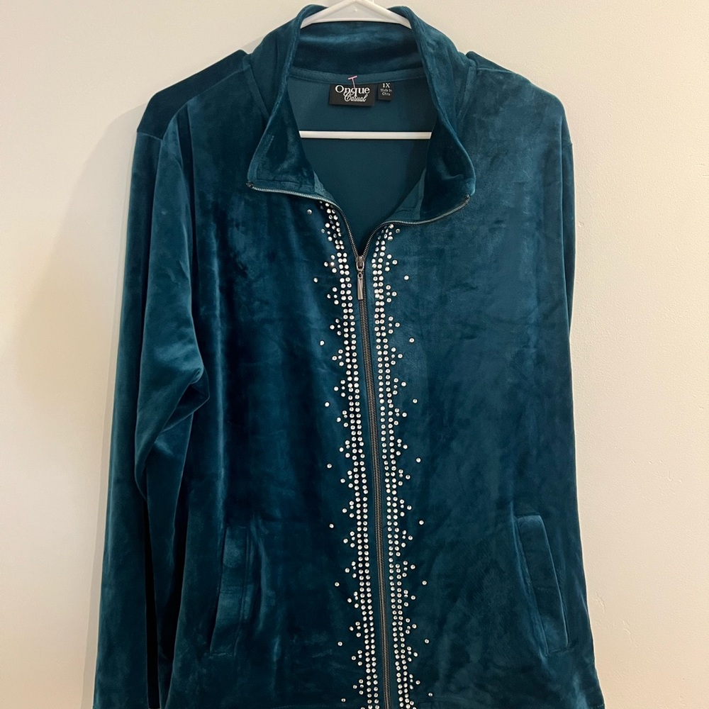Onque Casuals Teal Velvet Jacket with Pearl Detailing